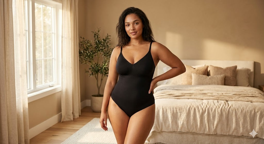 Curvy model wearing the KINDFORM Seamless Smoothing Bodysuit in Black in a warm sunlit bedroom