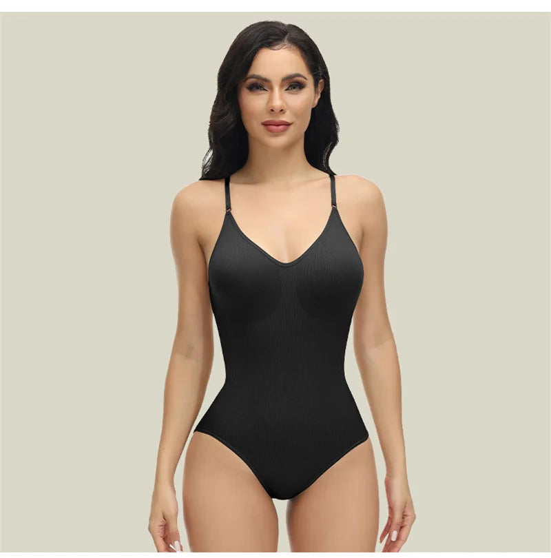 Model wearing the KINDFORM Seamless Smoothing Bodysuit in Black, front view