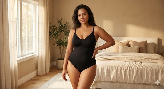 Curvy model wearing the KINDFORM Seamless Smoothing Bodysuit in Black in a warm sunlit bedroom